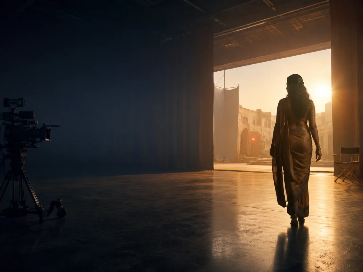 An Indian performer walking onto a new cinema set at sunrise